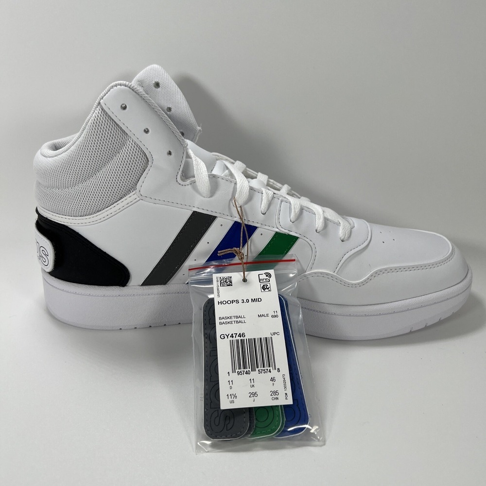 NEW adidas Men's 11.5‎ Hoops 3.0 Mid Basketball Shoe White/Green/Team Royal Blue - Picture 12 of 16